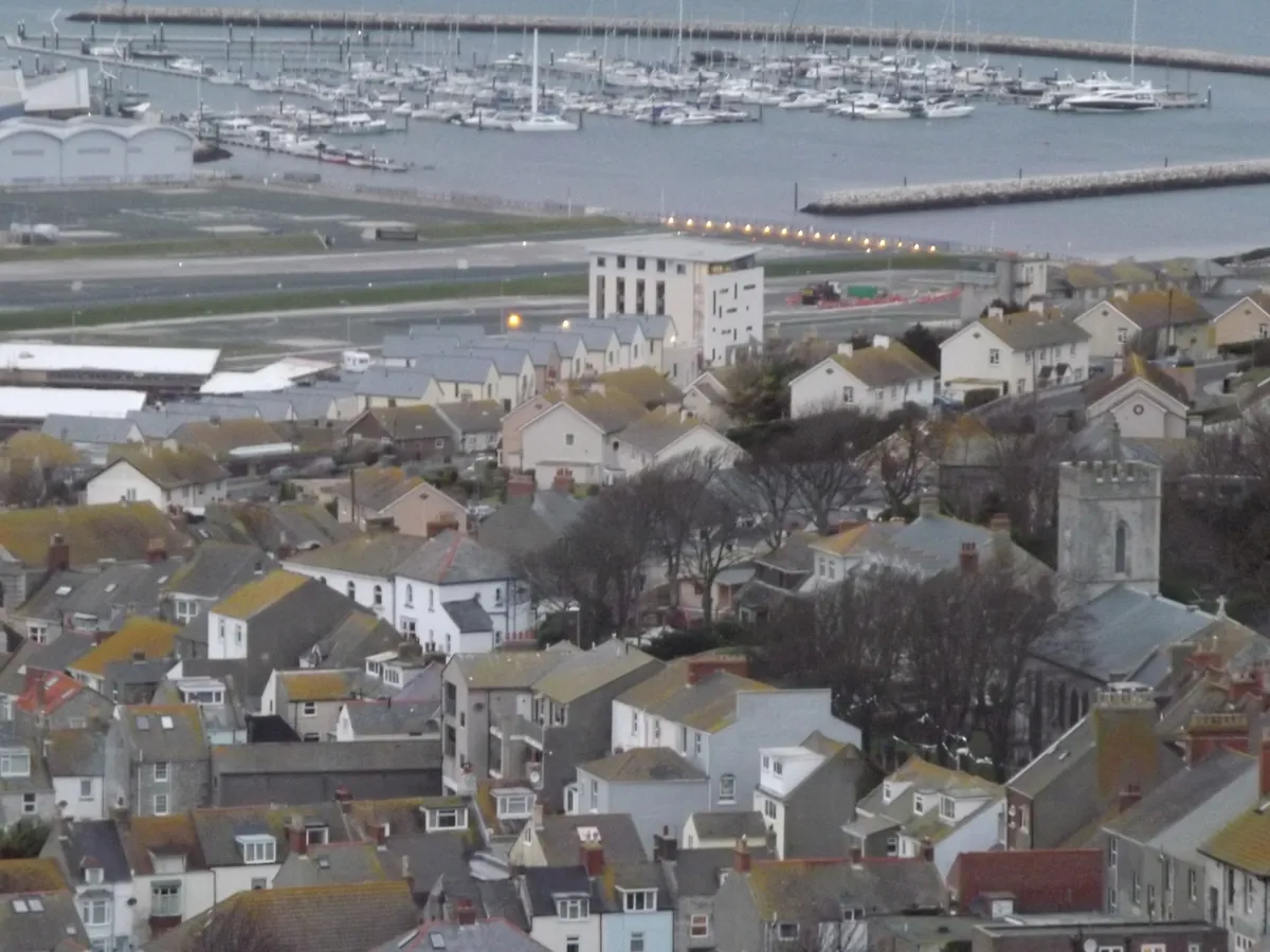 Terraced houses and slate rooftops of Fortuneswell seen from Portland Heights, Isle of Portland